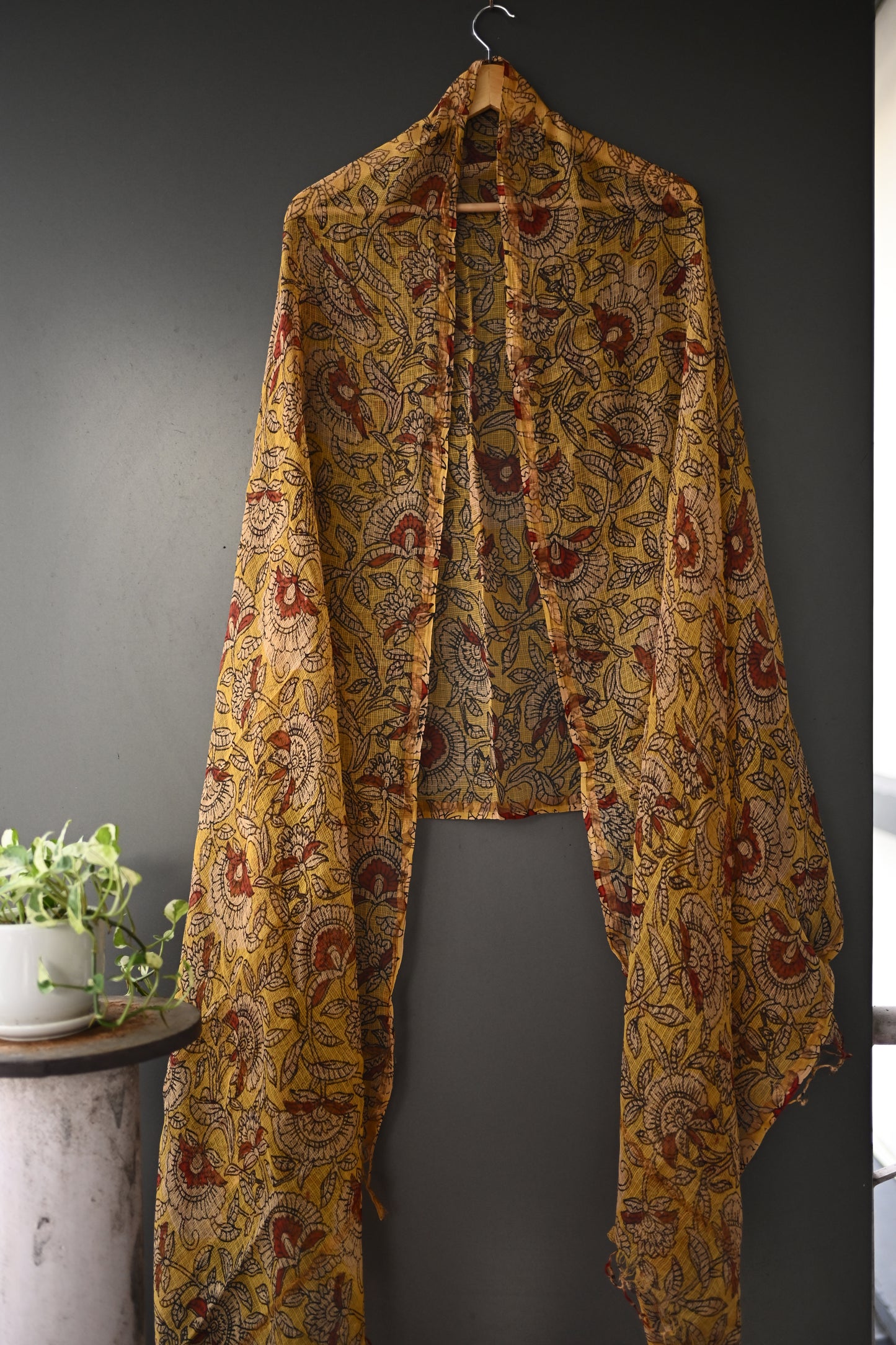 Yellow and Maroon Printed Kota Doria Dupatta