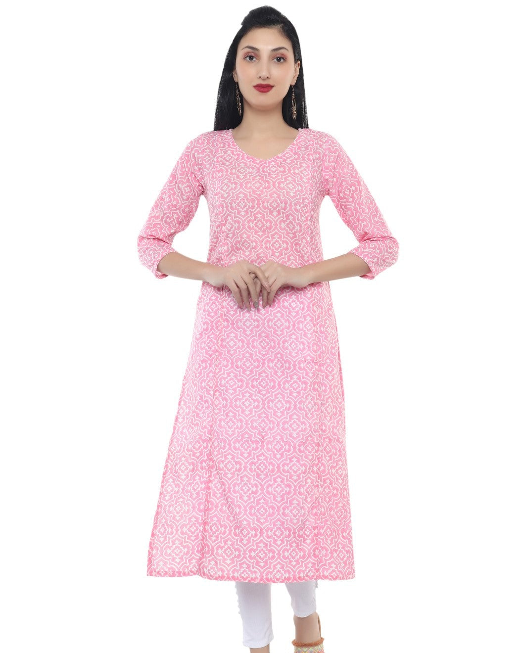 Pink Hand Block Print V Neck Kurti
