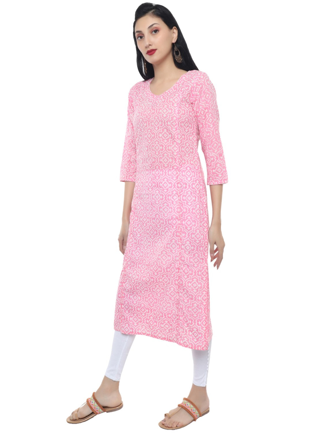 Pink Hand Block Print V Neck Kurti