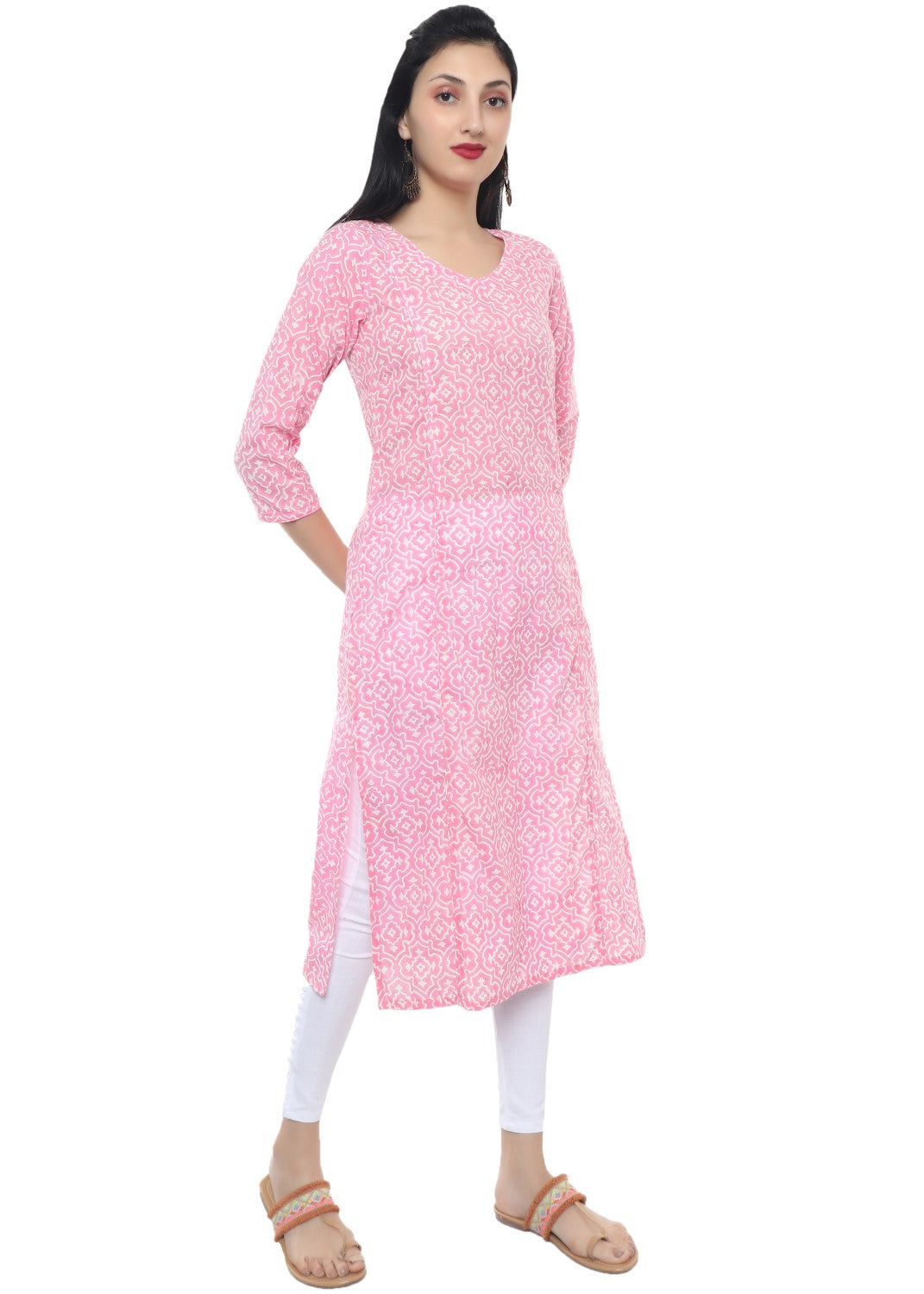 Pink Hand Block Print V Neck Kurti