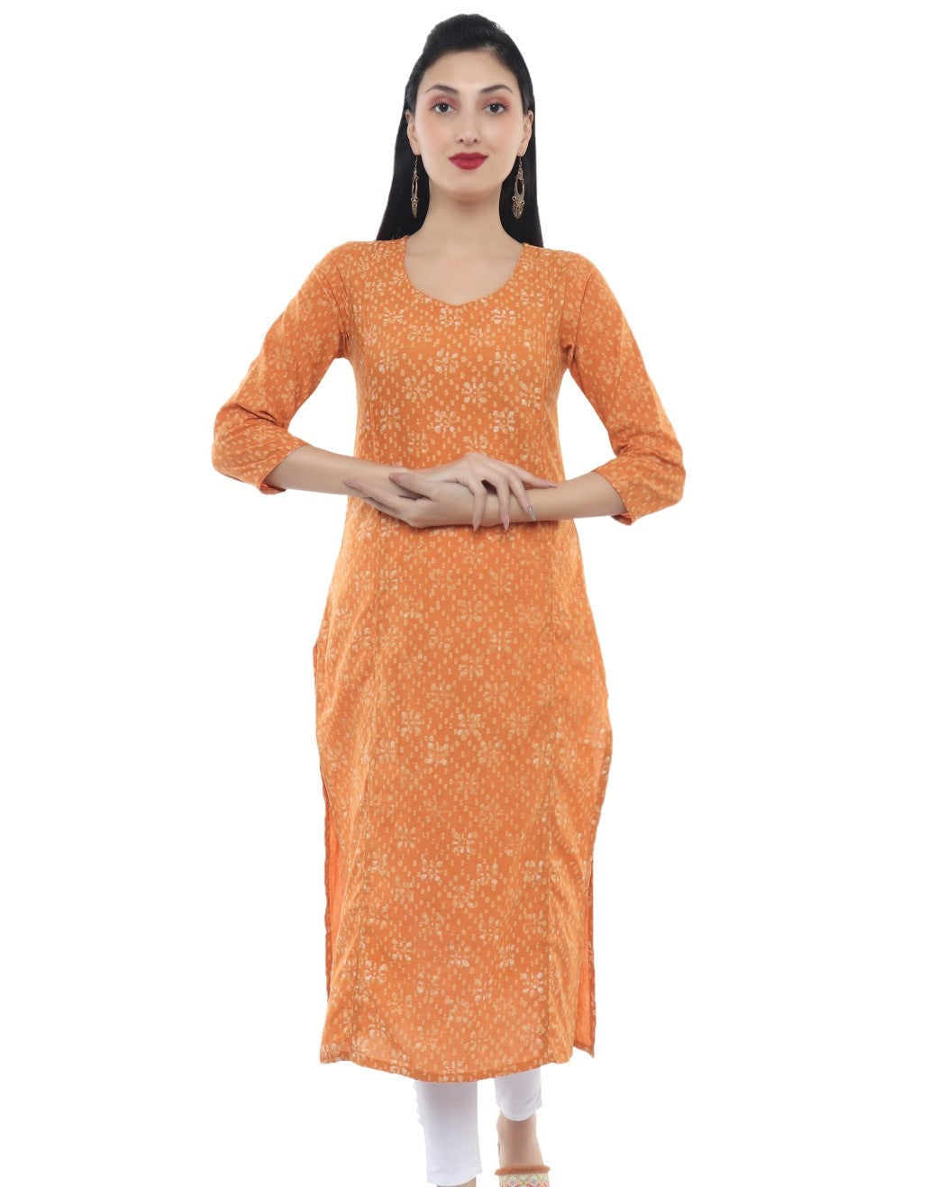 Orange Dabu Hand Block Print V Neck Kurti