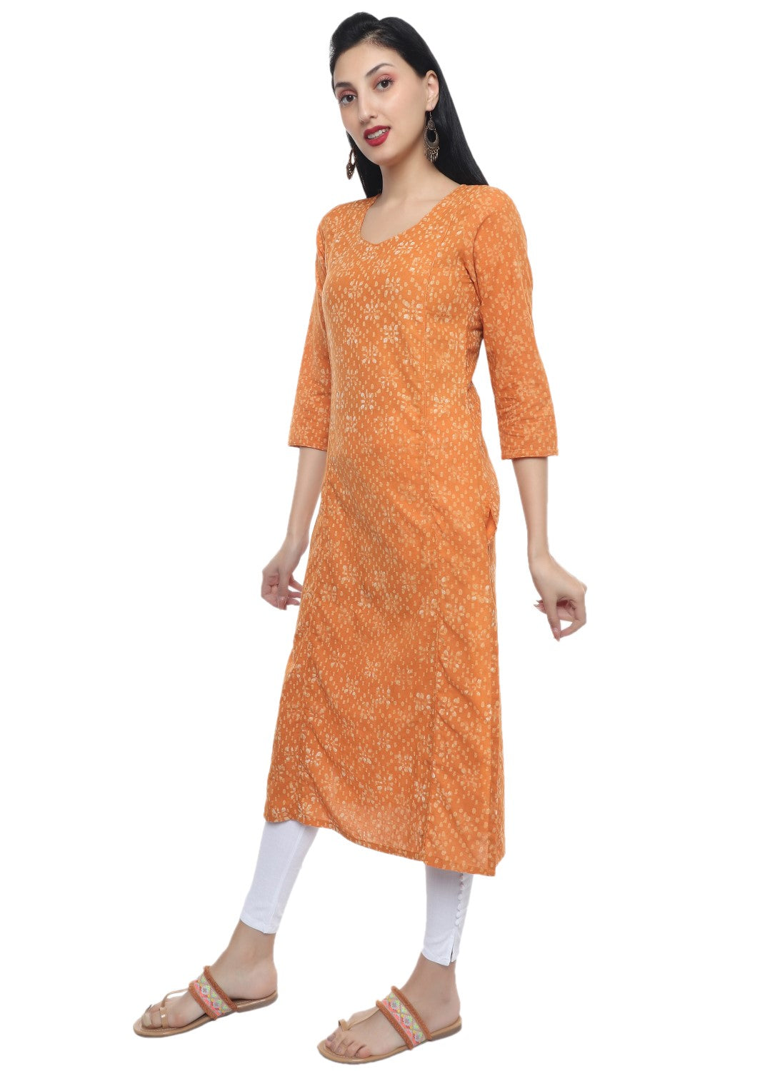 Orange Dabu Hand Block Print V Neck Kurti