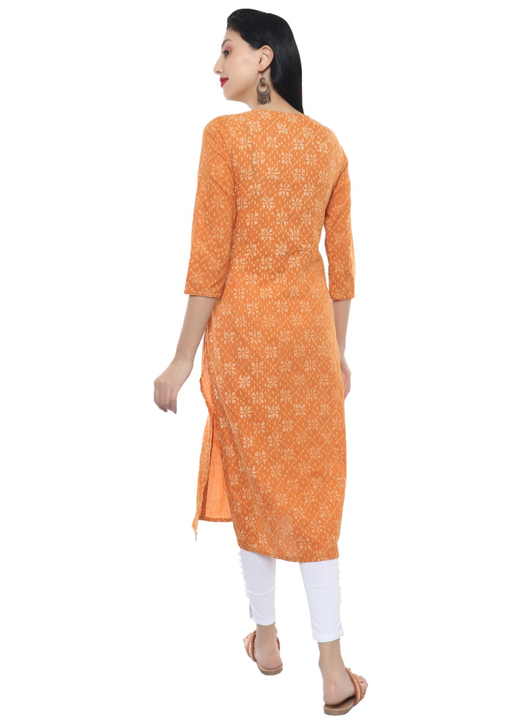 Orange Dabu Hand Block Print V Neck Kurti