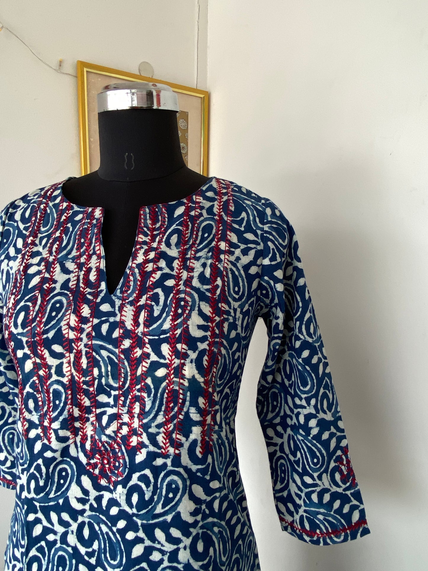 Indigo Printed Kurti With Embroidery-Mehandhi Print