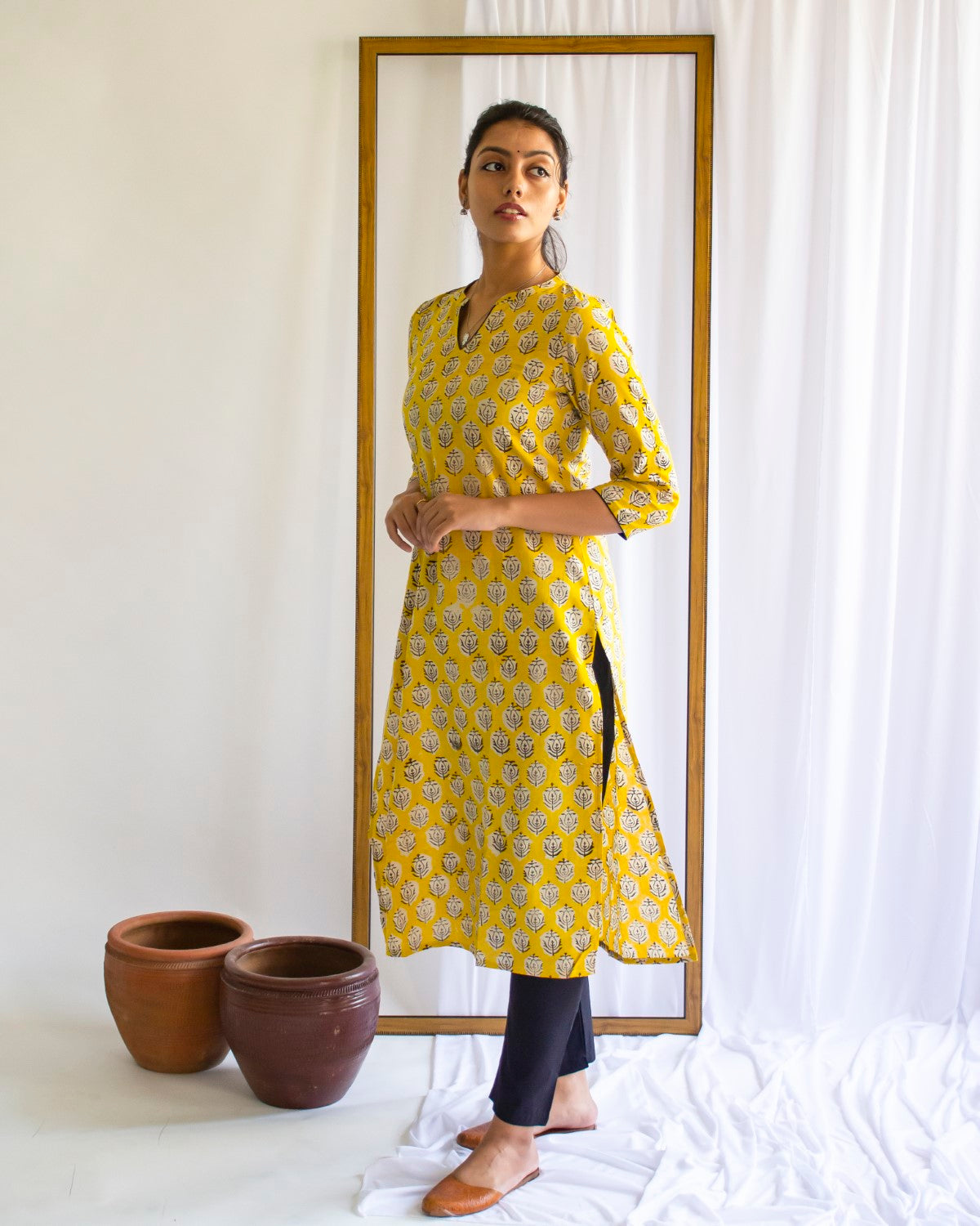 Yellow Hand Block Printed Cotton Kurti
