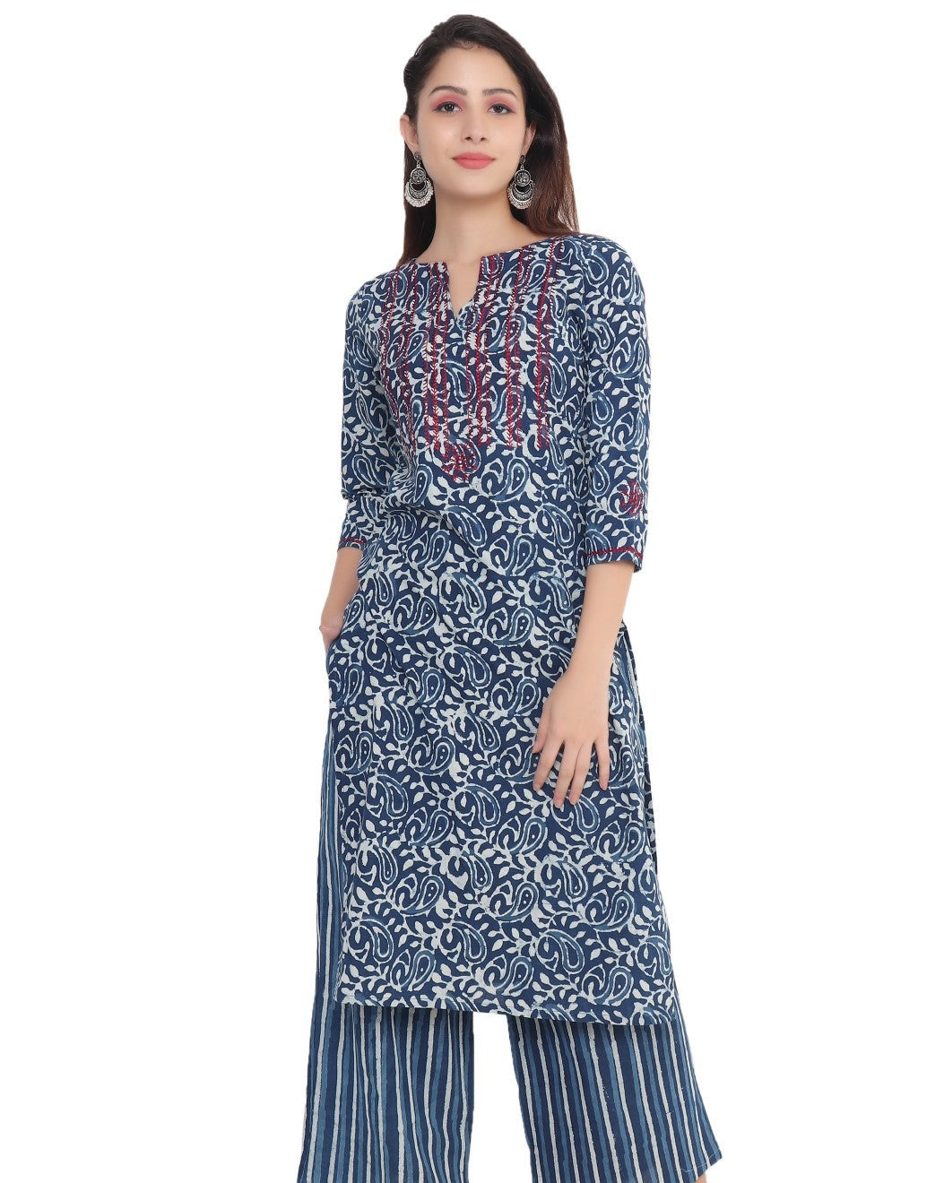 Indigo Printed Kurti With Embroidery-Mehandhi Print