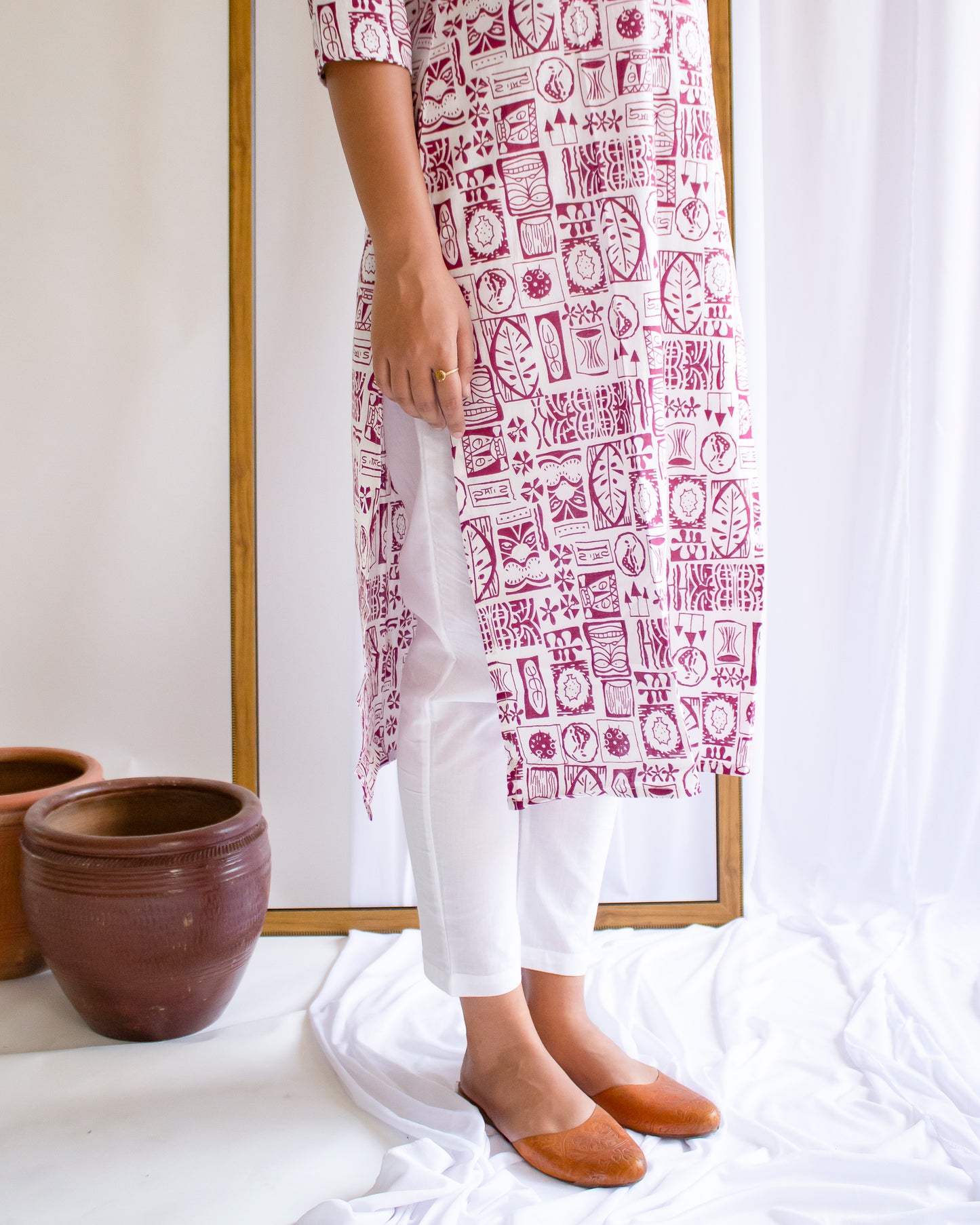 White and maroon Hand Block Printed Cotton Kurti
