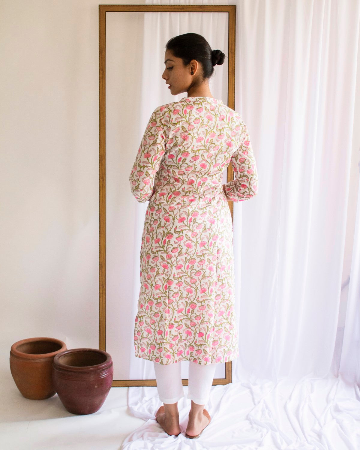 Pink Hand Block Printed Cotton Collar Neck Kurti