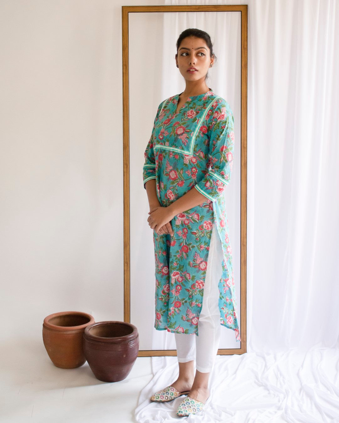 Green Hand Block Printed Cotton Collar Neck Kurti