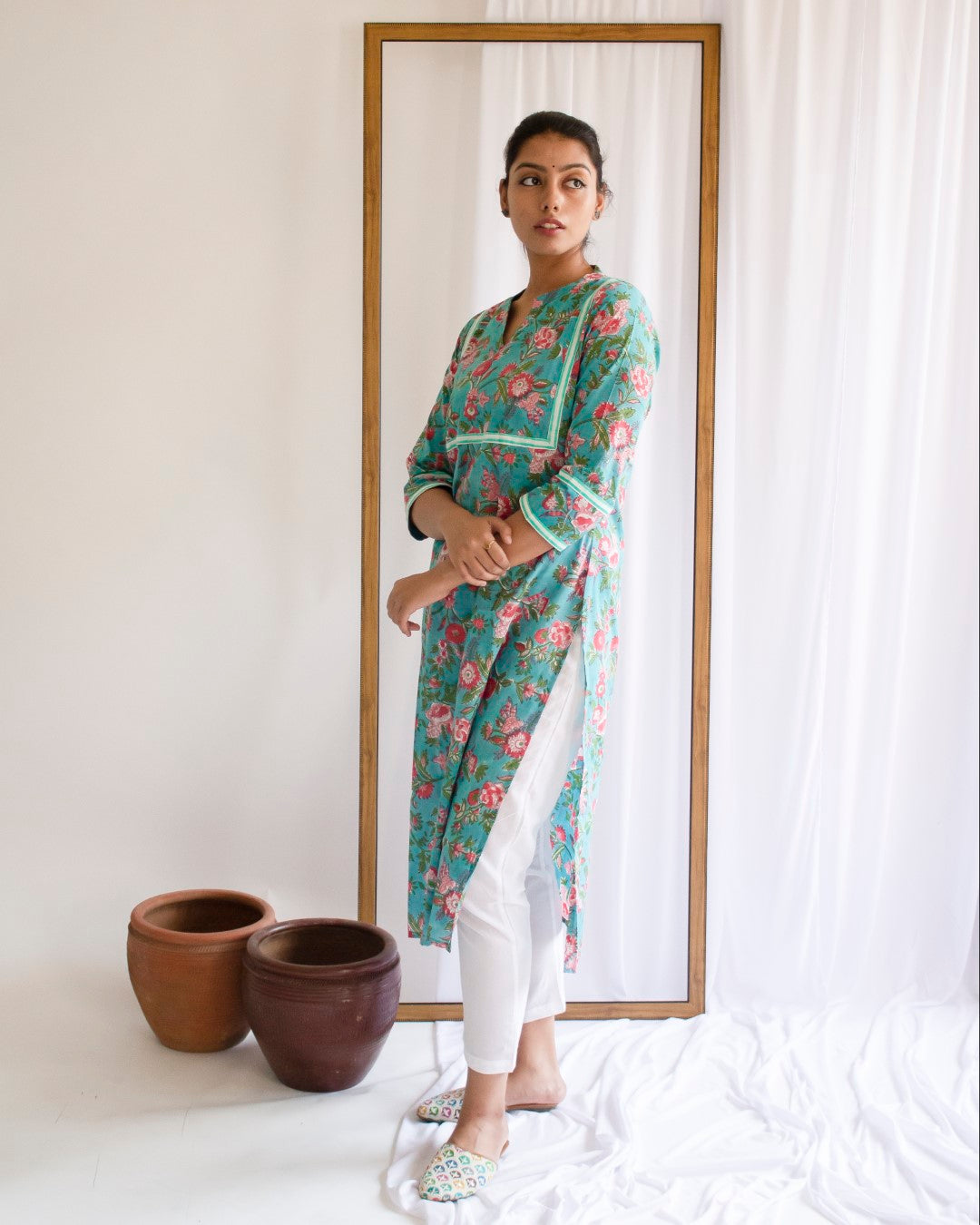 Green Hand Block Printed Cotton Collar Neck Kurti