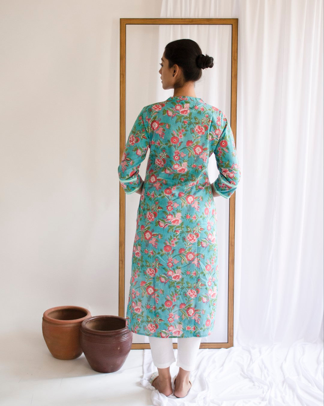 Green Hand Block Printed Cotton Collar Neck Kurti