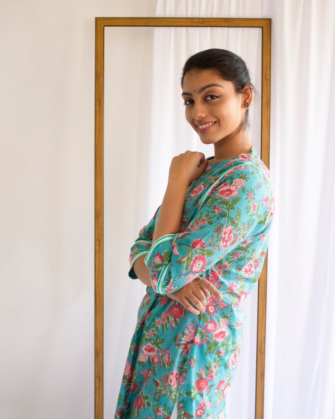 Green Hand Block Printed Cotton Collar Neck Kurti