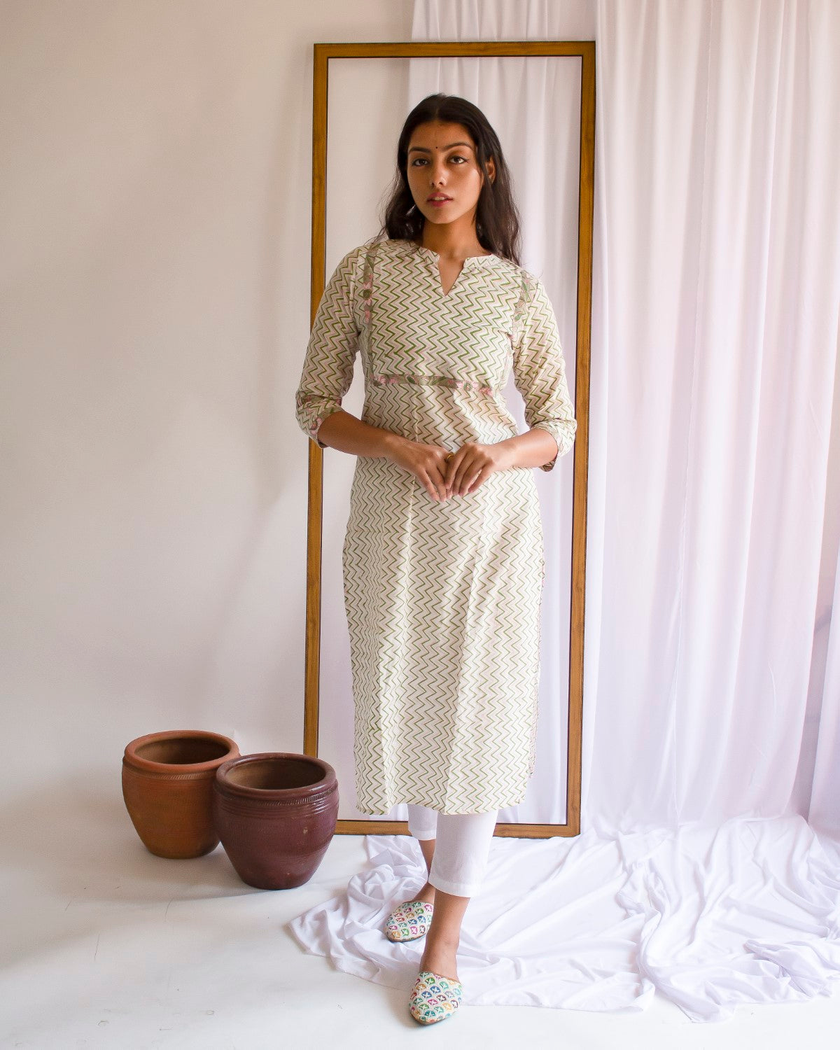 Zigzag Hand Block Printed Cotton Collar Neck Kurti