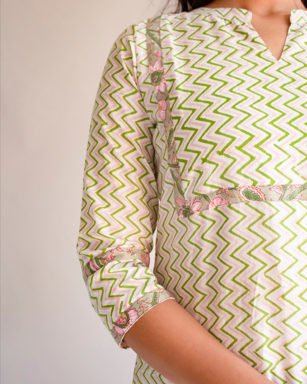 Zigzag Hand Block Printed Cotton Collar Neck Kurti