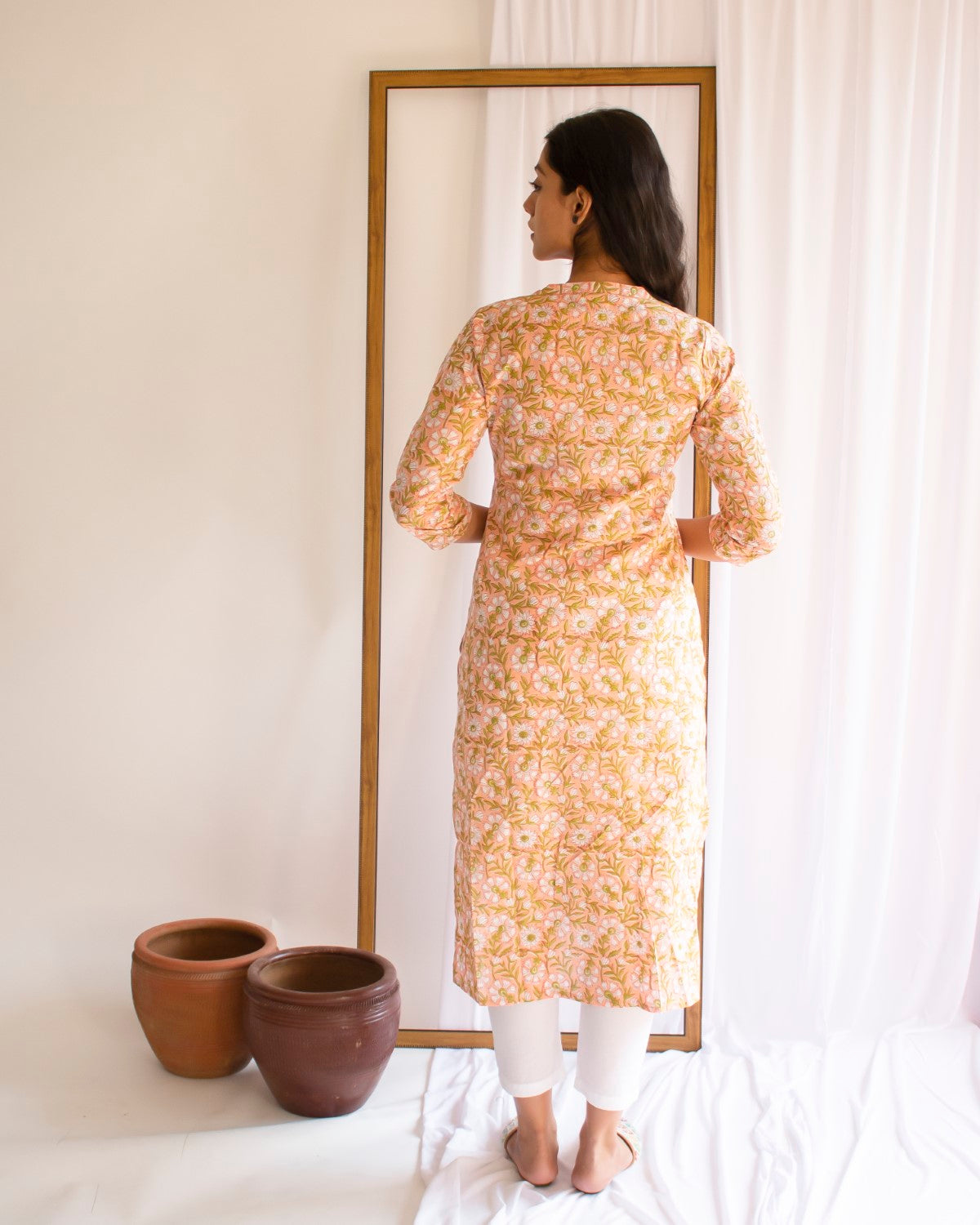 Peach Printed Cotton Collar Neck Kurti