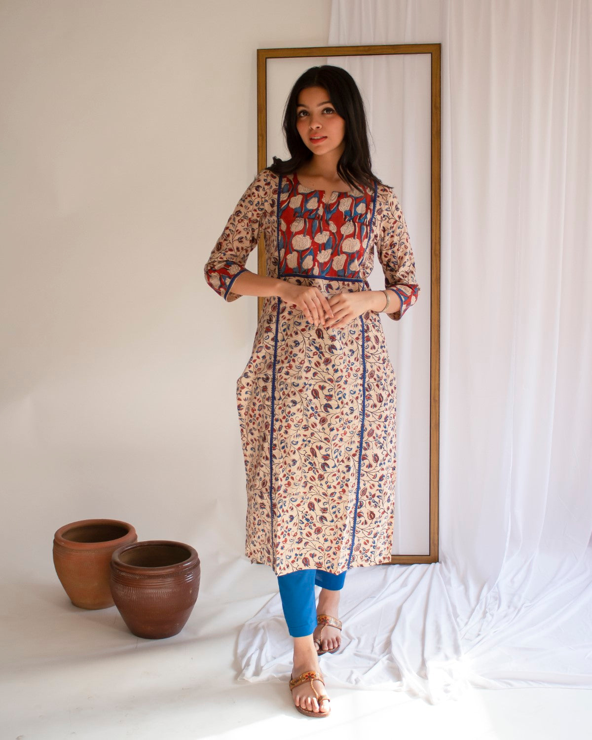 Red And Blue Patch Hand Block Printed Cotton Collar Neck Kurti