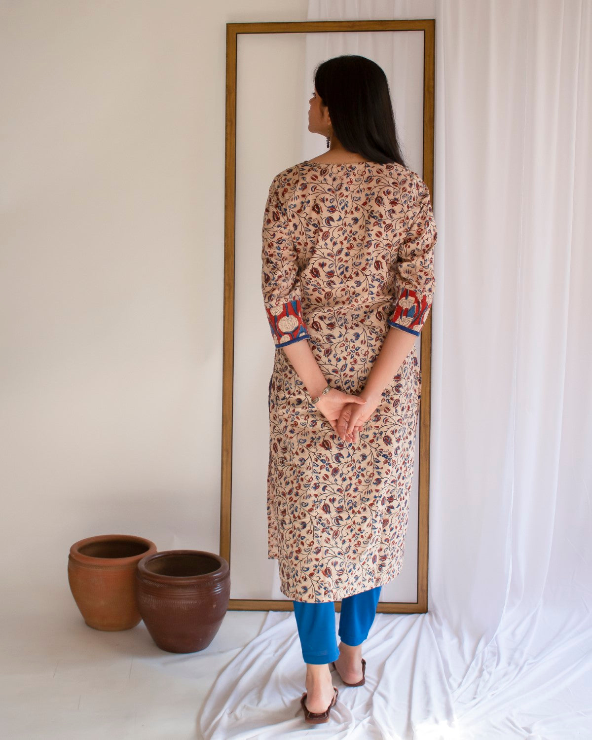 Red And Blue Patch Hand Block Printed Cotton Collar Neck Kurti