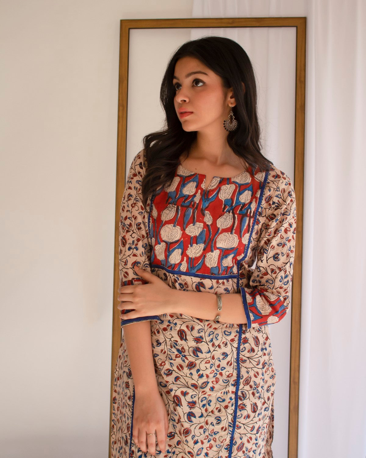 Red And Blue Patch Hand Block Printed Cotton Collar Neck Kurti
