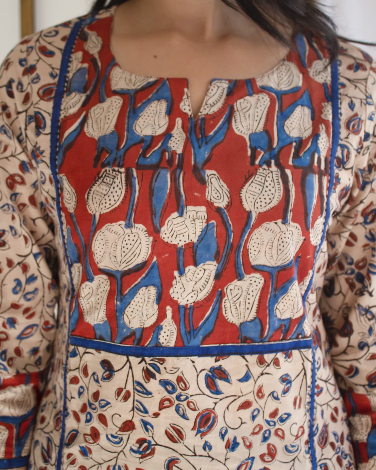 Red And Blue Patch Hand Block Printed Cotton Collar Neck Kurti