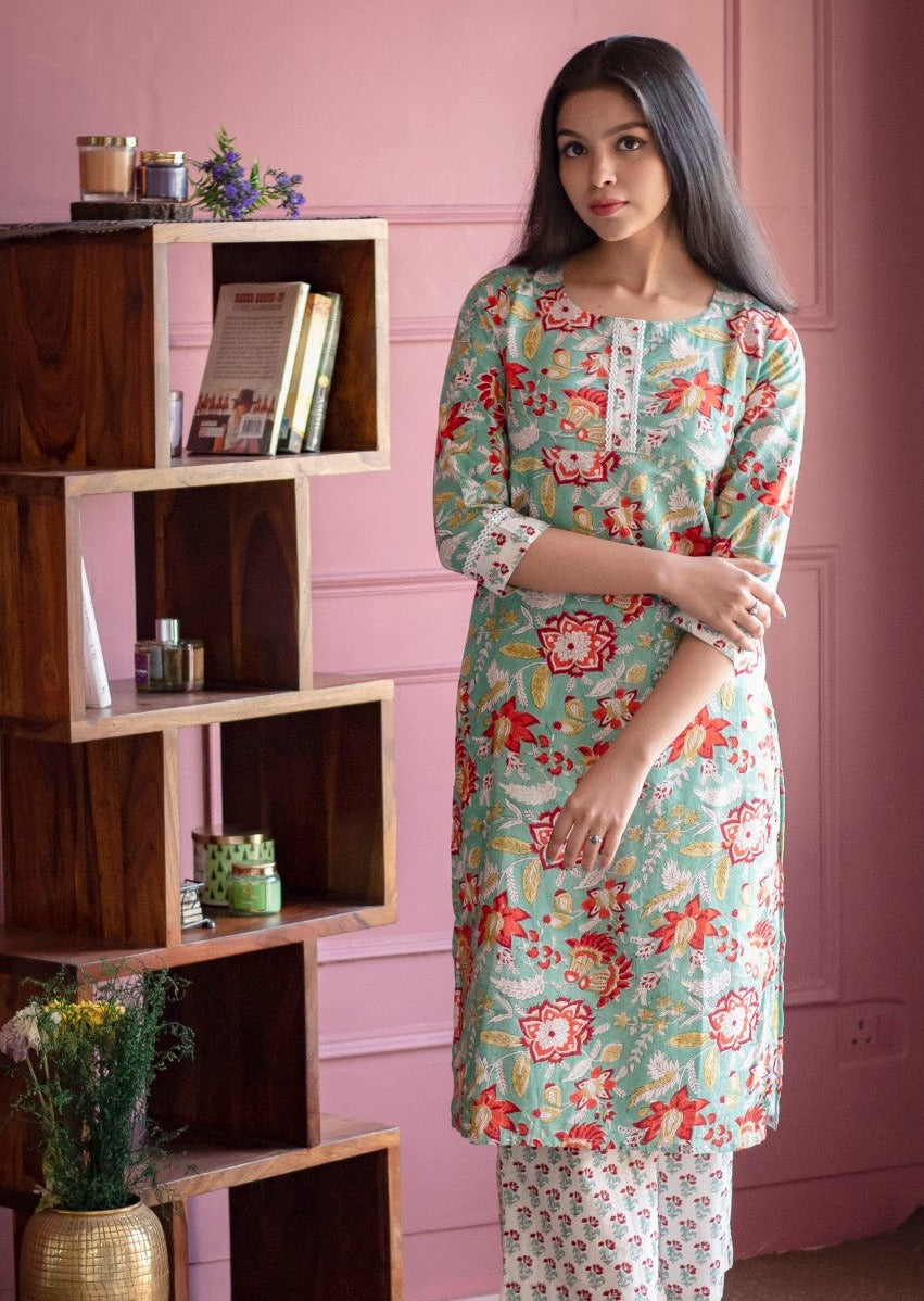 Green And Red Floral Hand Block Printed Kurti