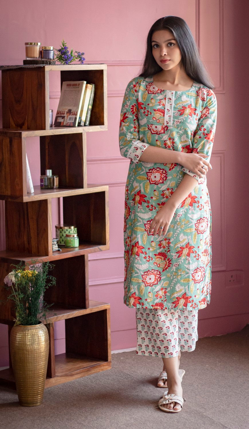 Green And Red Floral Hand Block Printed Kurti
