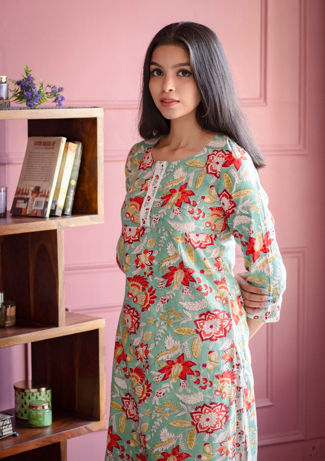 Green And Red Floral Hand Block Printed Kurti