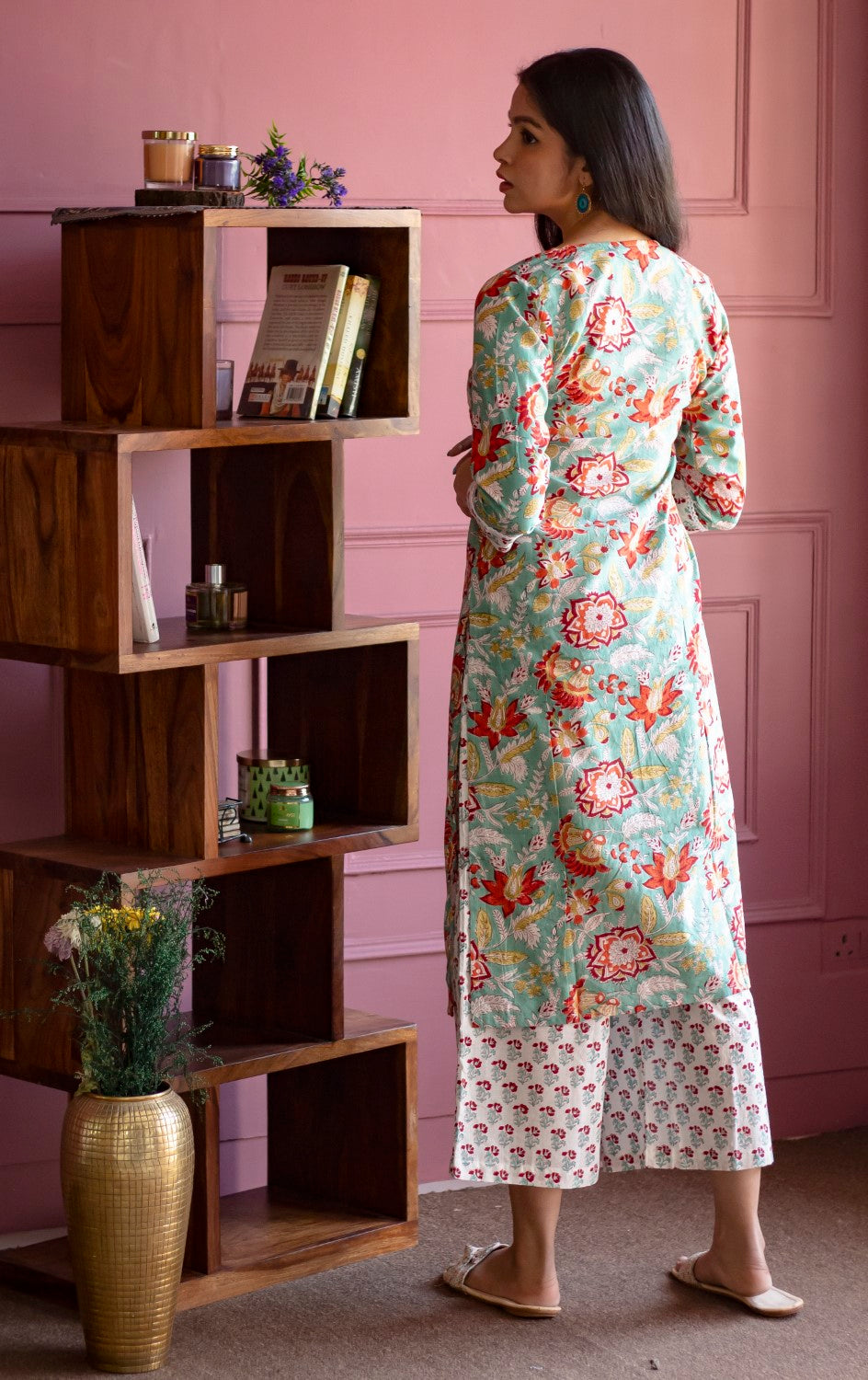 Green And Red Floral Hand Block Printed Kurti