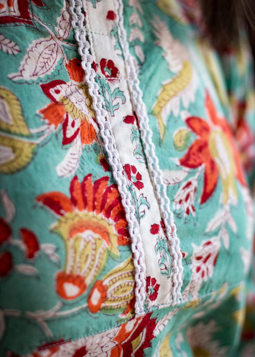 Green And Red Floral Hand Block Printed Kurti