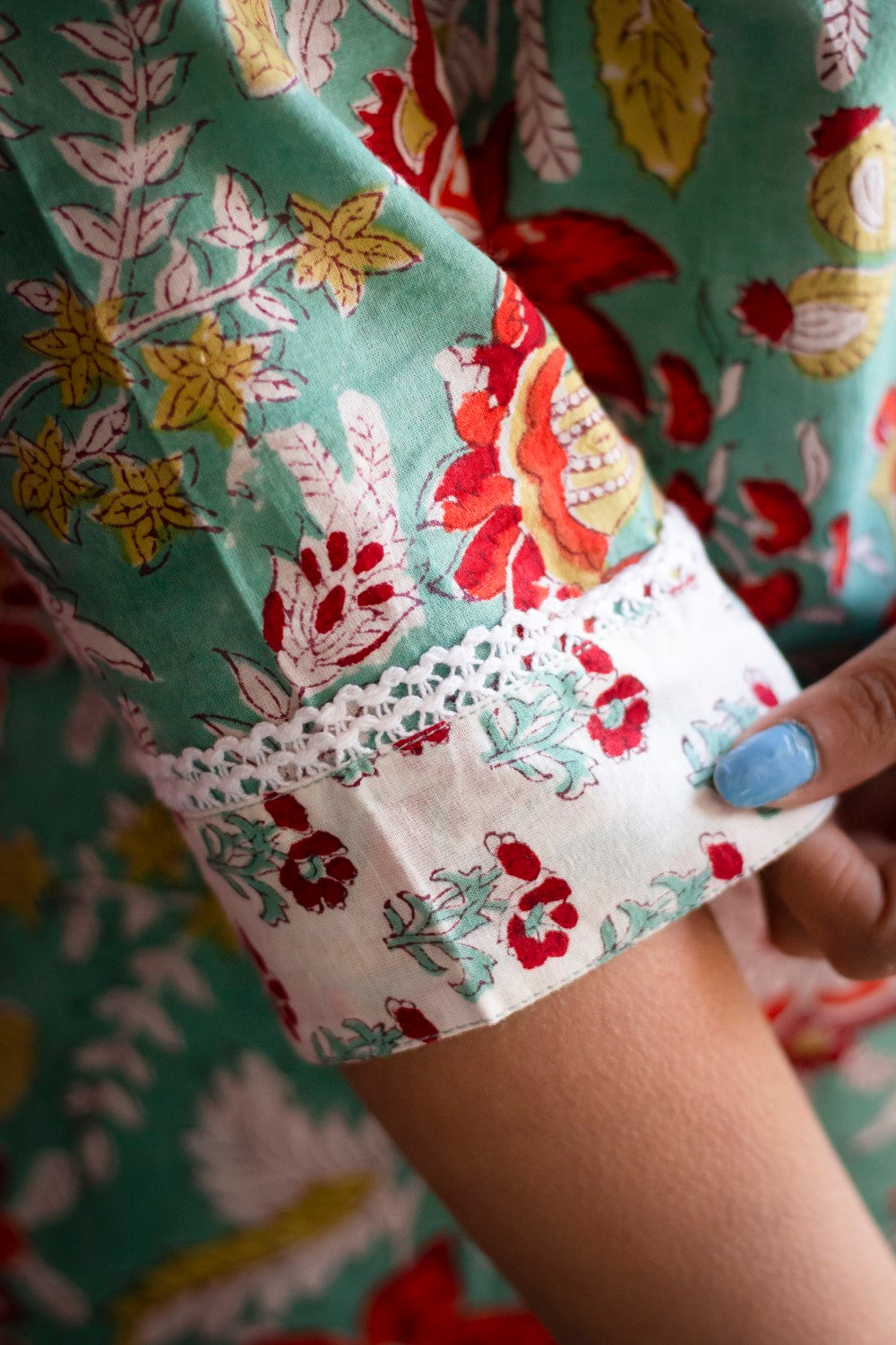 Green And Red Floral Hand Block Printed Kurti