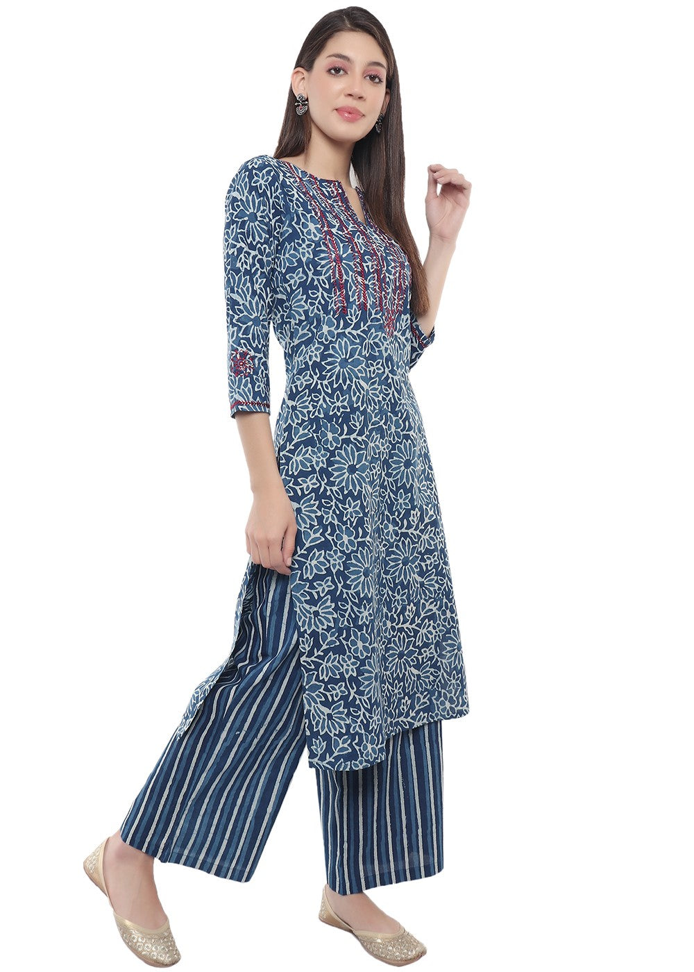 Indigo Printed Kurti With Embroidery-Floral