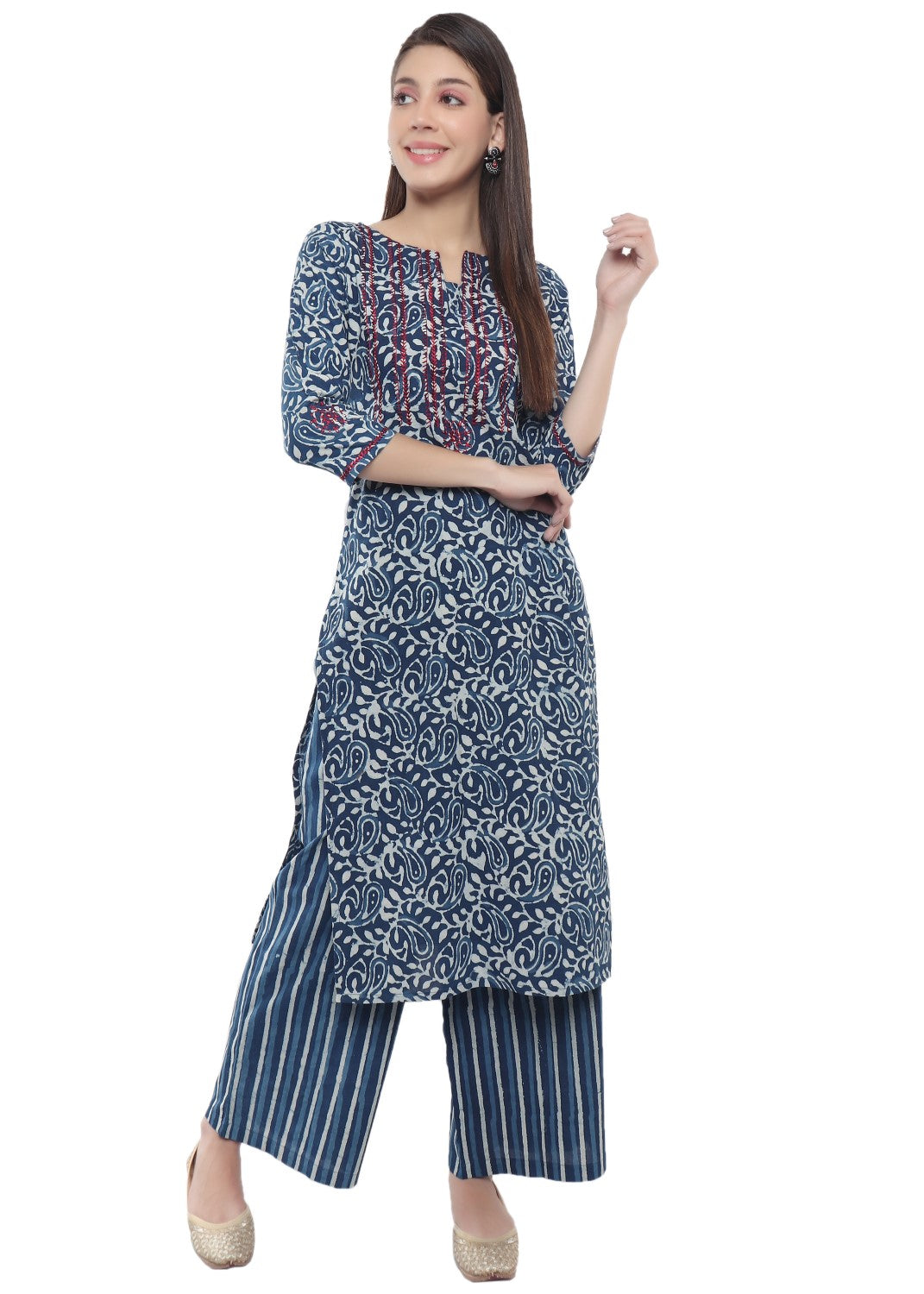 Indigo Printed Kurti With Embroidery-Mehandhi Print