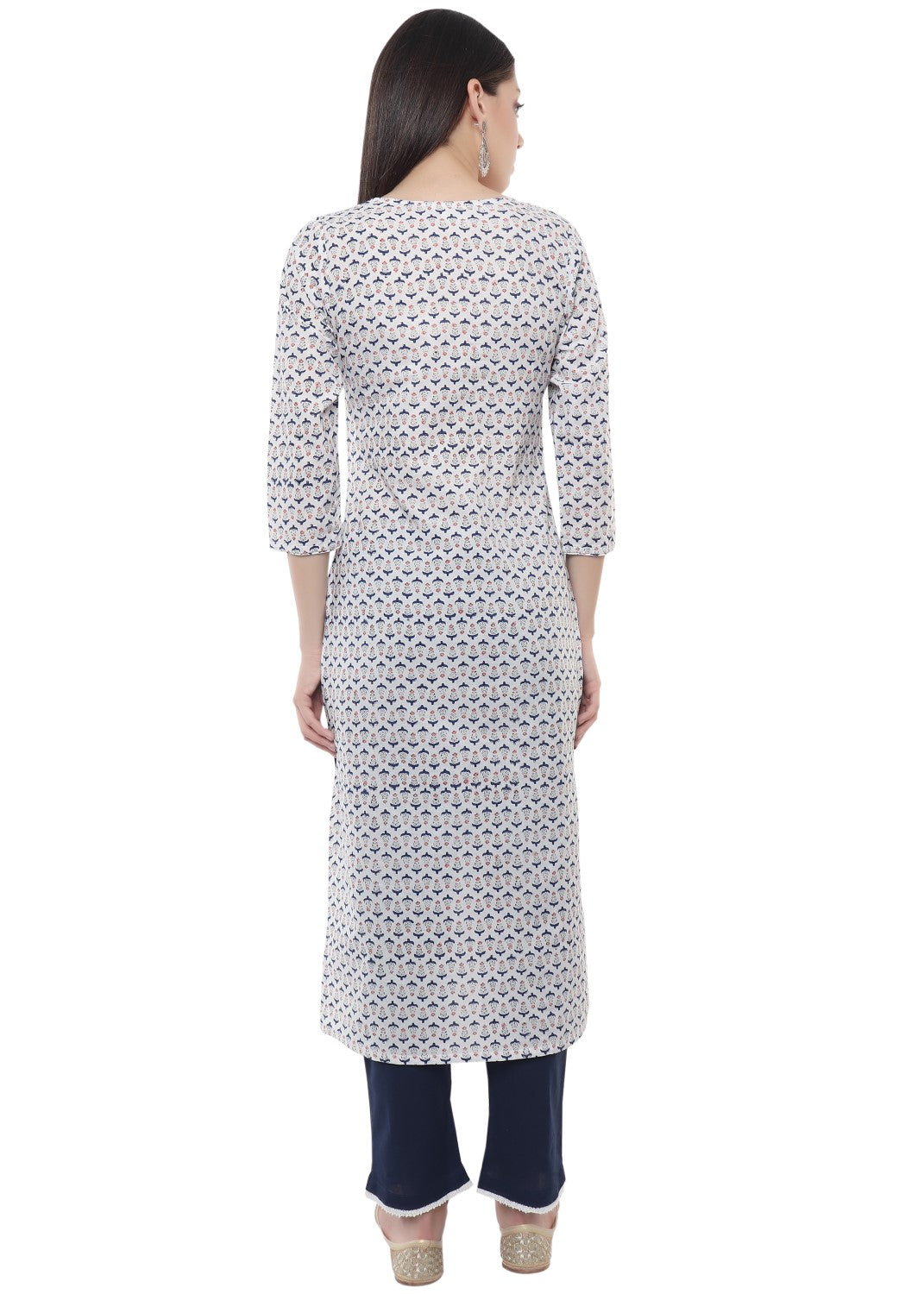 White And Blue Floral Hand Block V Neck Kurti