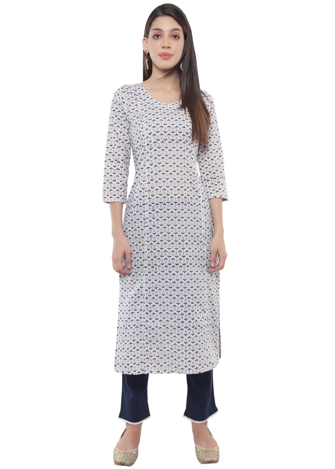 White And Blue Floral Hand Block V Neck Kurti