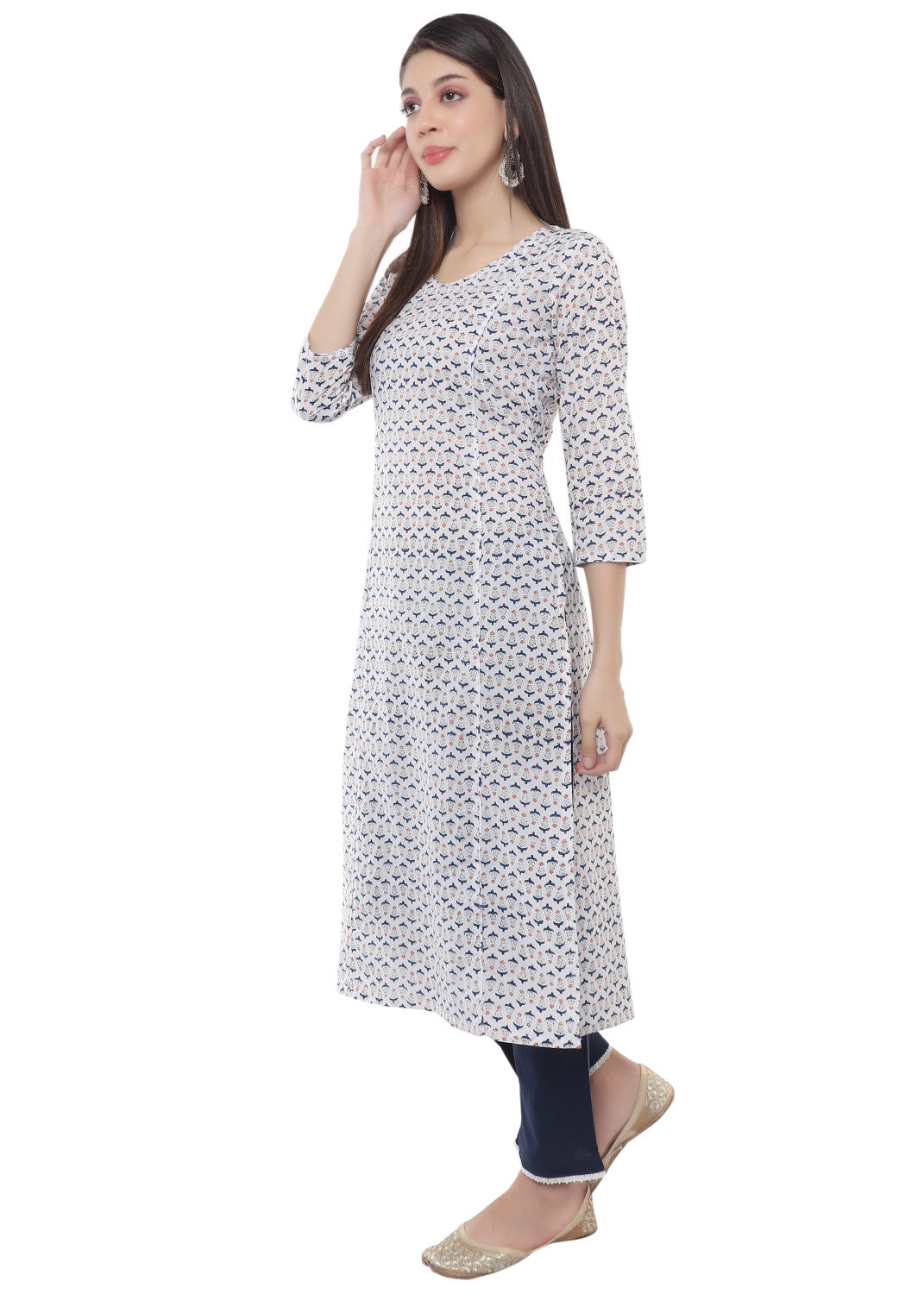White And Blue Floral Hand Block V Neck Kurti