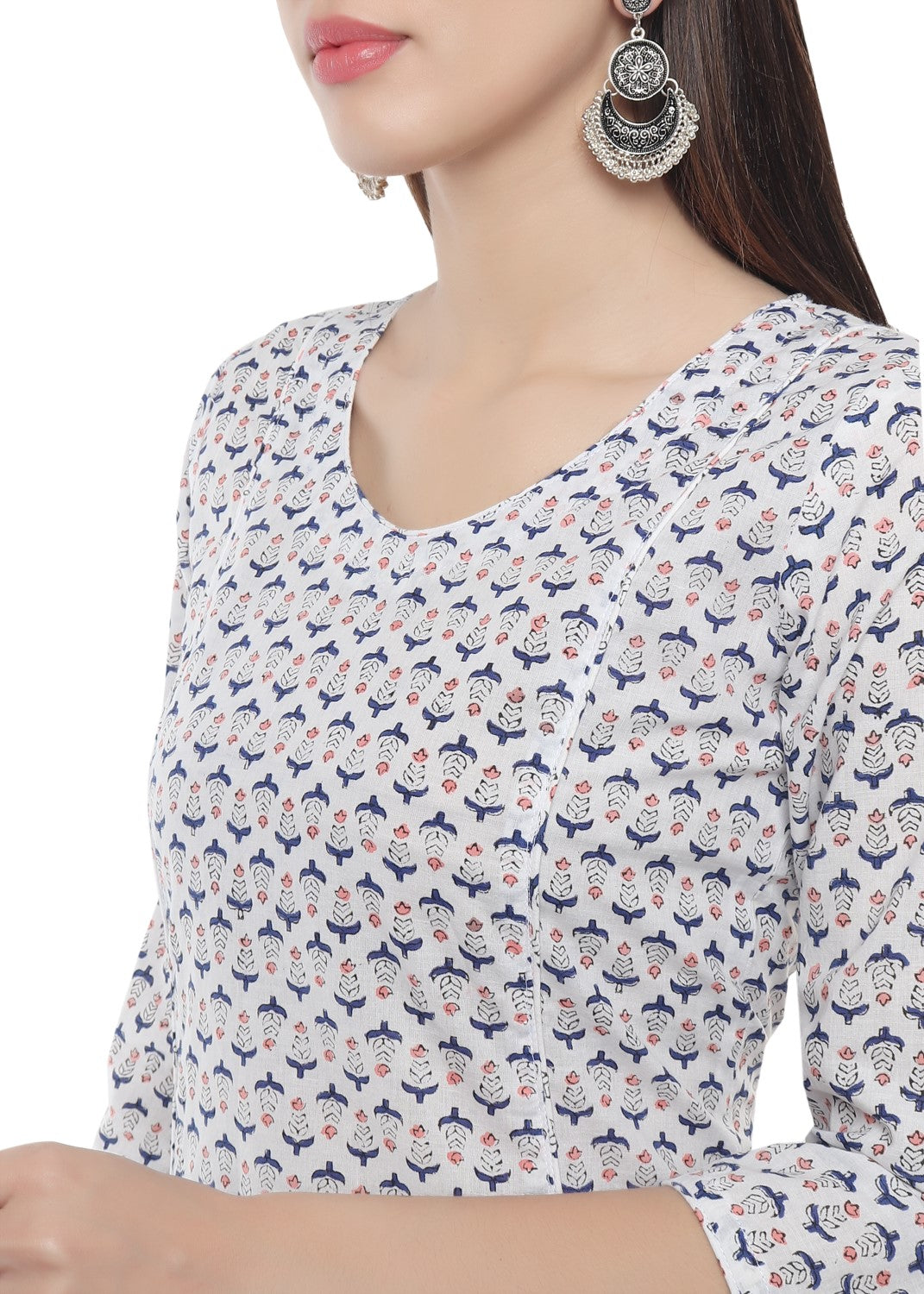 White And Blue Floral Hand Block V Neck Kurti