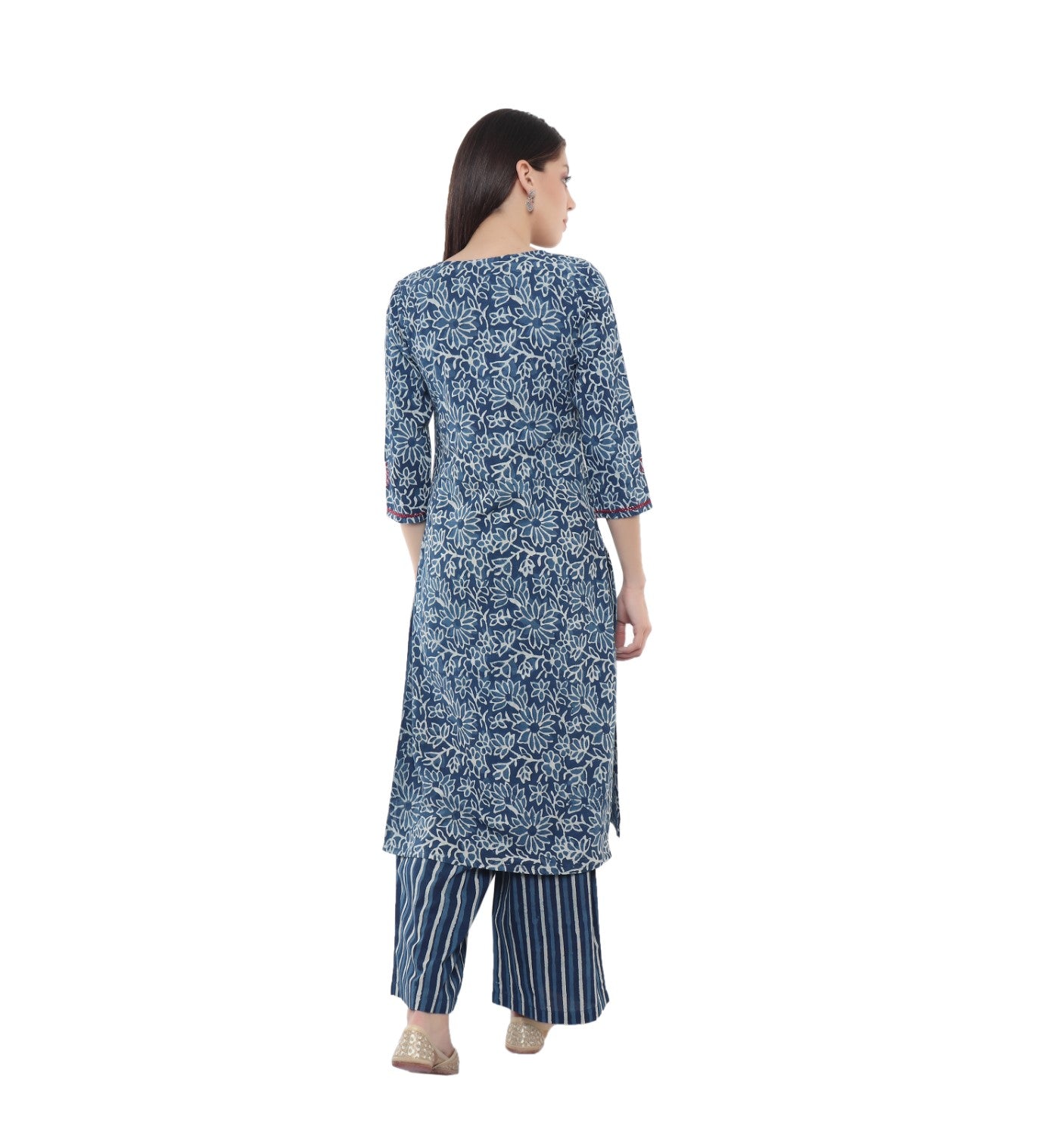 Indigo Printed Kurti With Embroidery-Floral