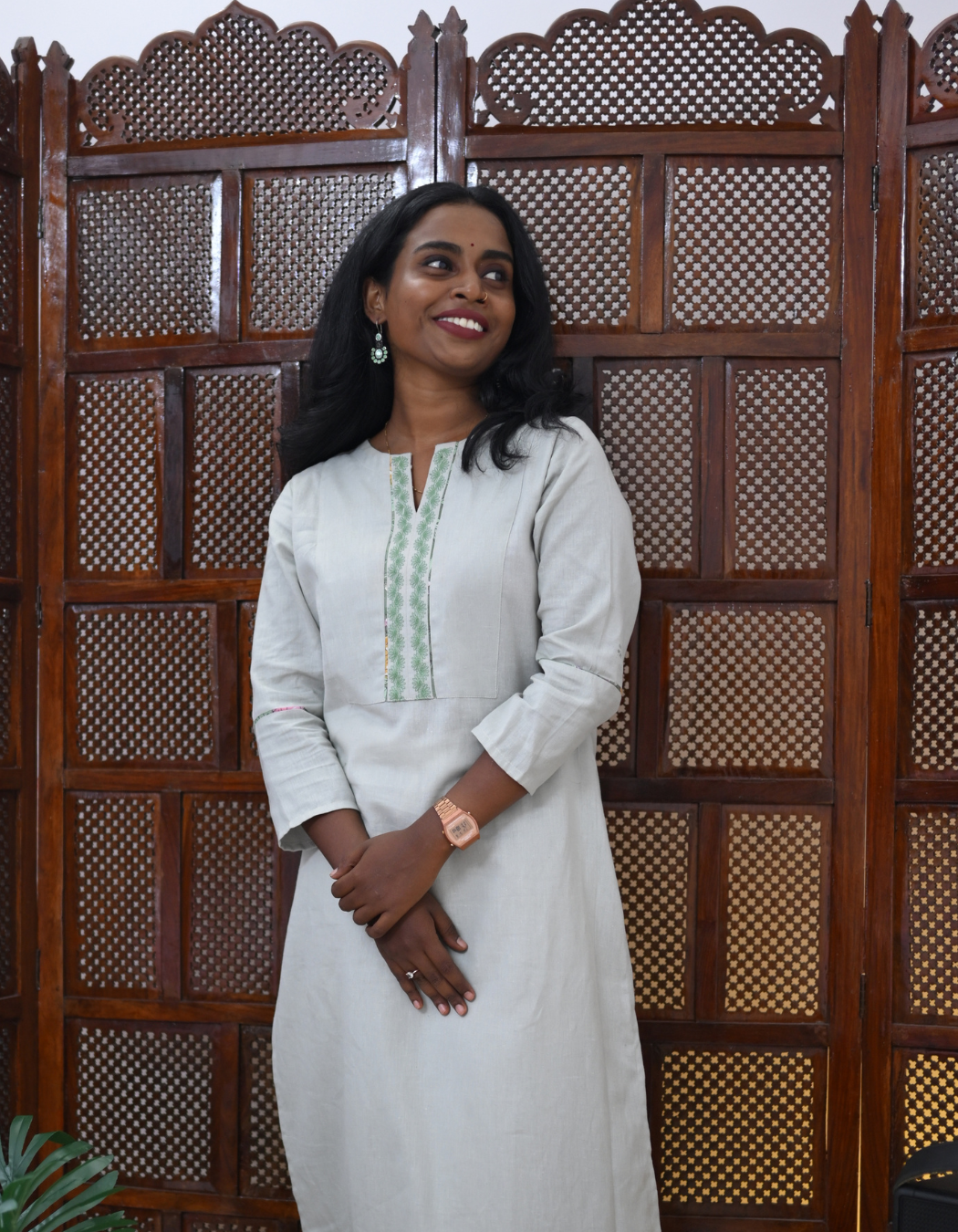 Geen Clay Cotton Flax Embroidered Plain Kurti