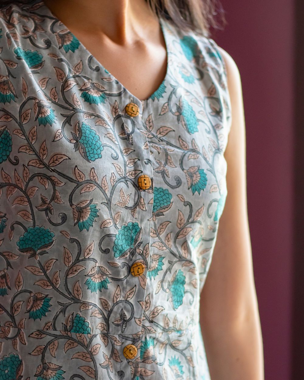 GREY FLORAL HANDBLOCK PRINTED A LINE DRESS