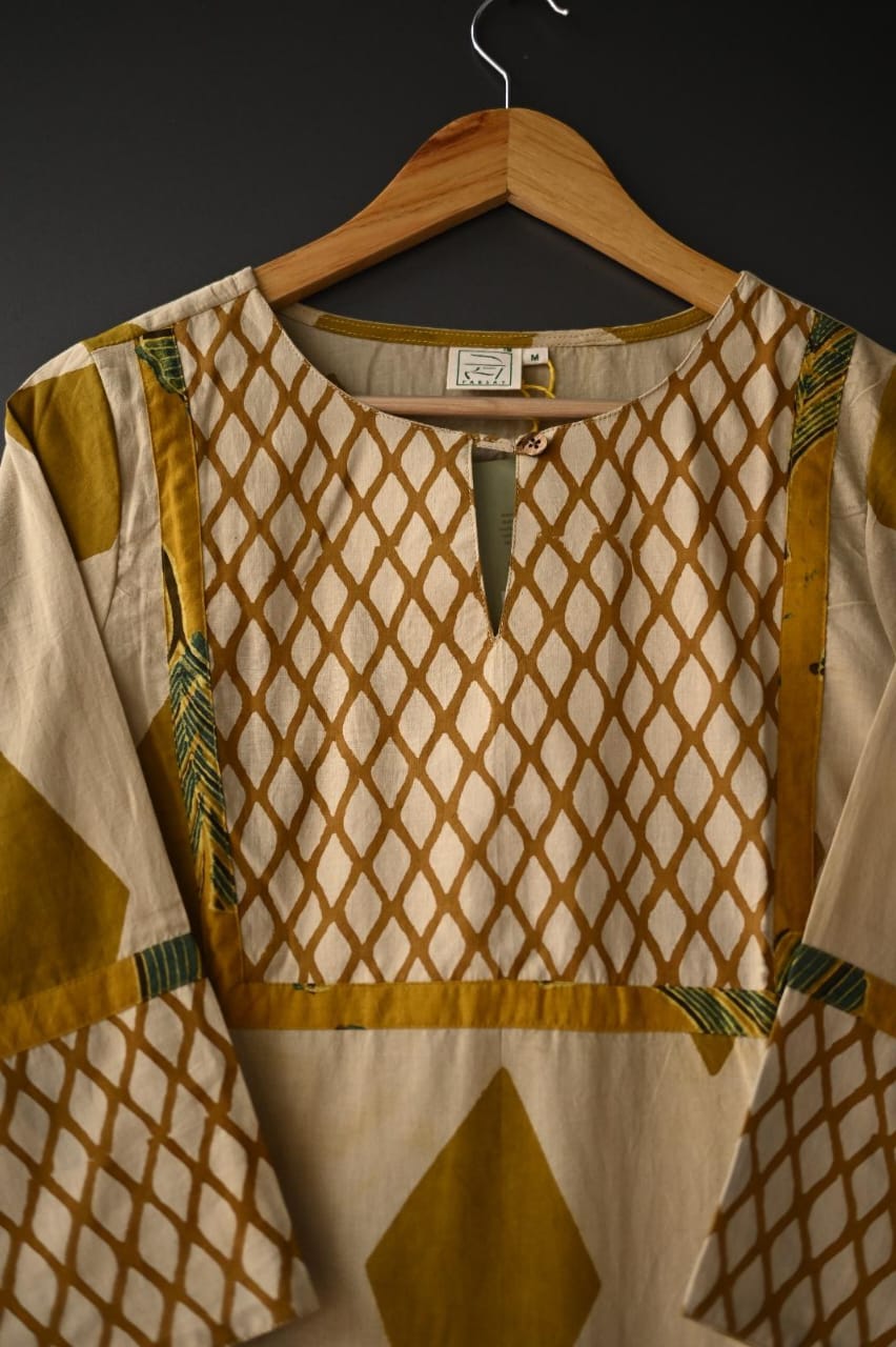 Beige and Mustard yellow Geometric Print Patch Hand Block Printed Kurti