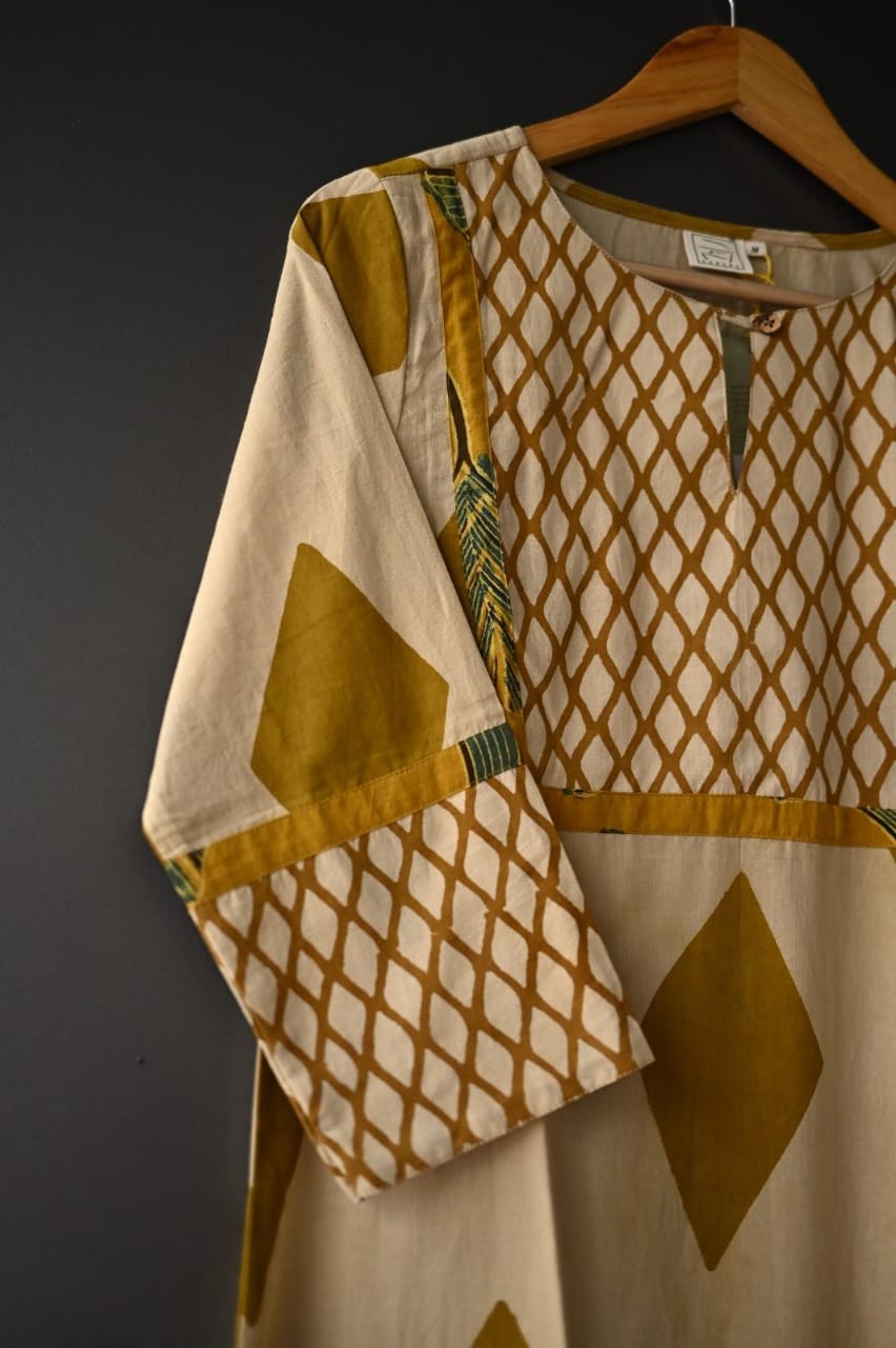 Beige and Mustard yellow Geometric Print Patch Hand Block Printed Kurti