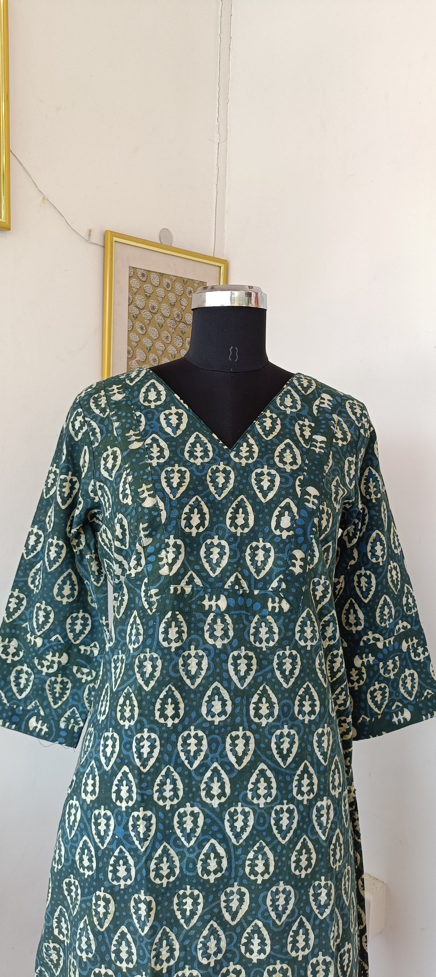 "NAIRA" Green Indigo Printed V Neck Cotton  Kurti