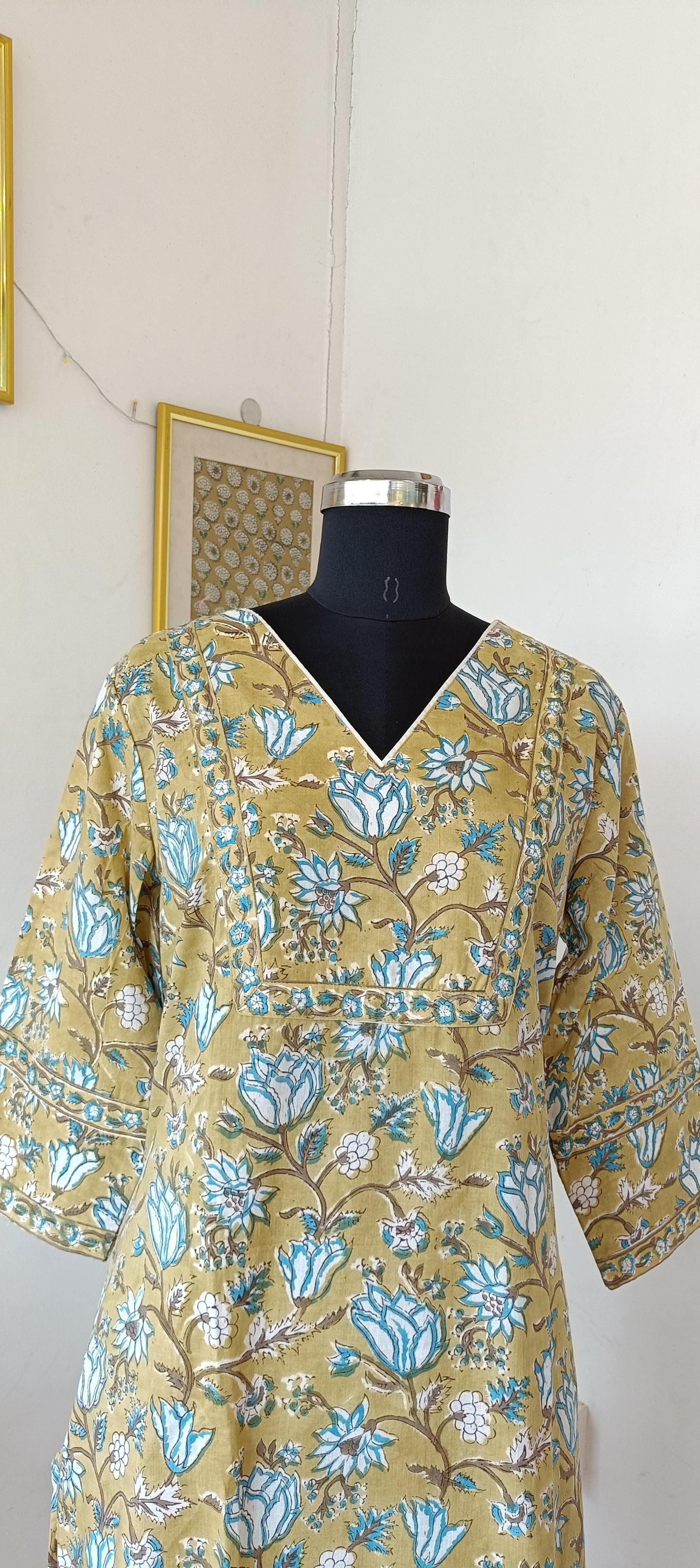 "NAIRA" Yellow Green Floral Sanganer Printed Cotton Kurti  with Pant