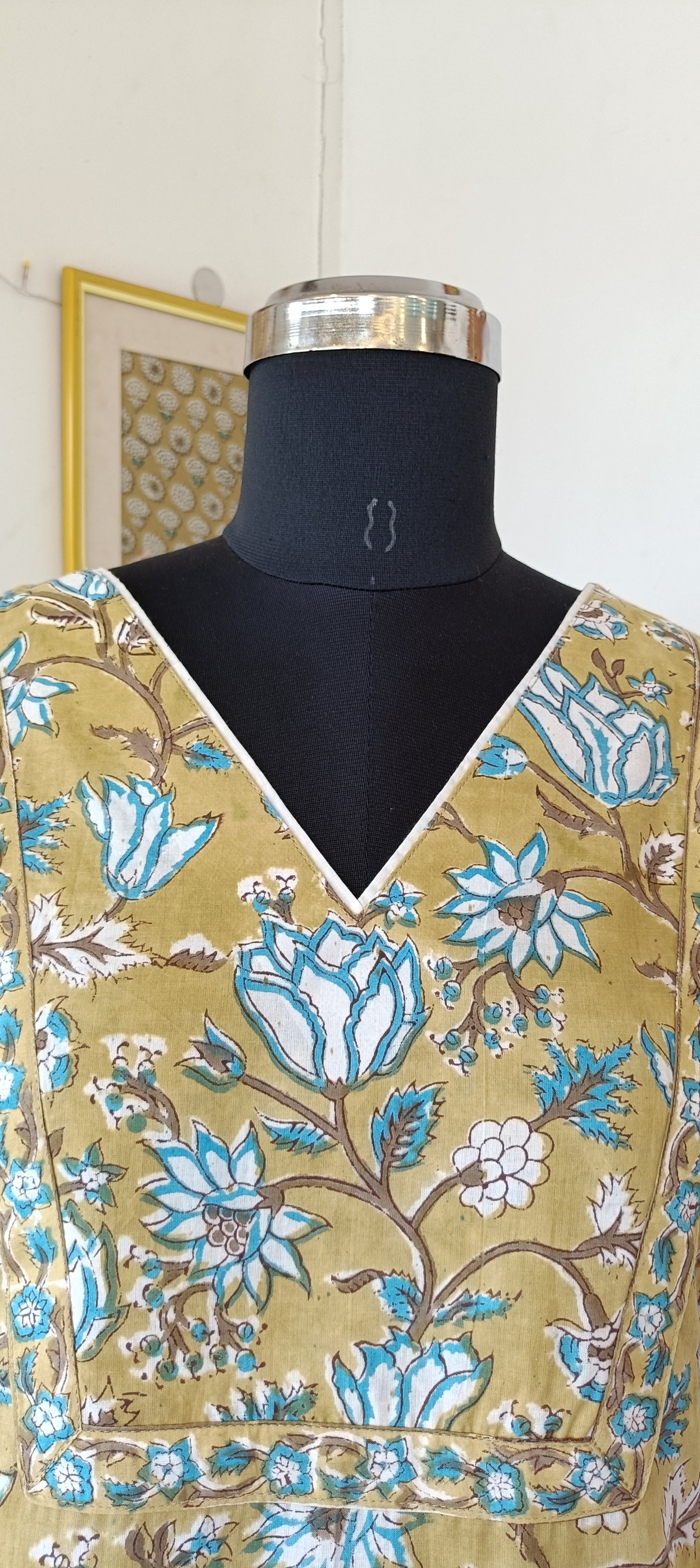 "NAIRA" Yellow Green Floral Sanganer Printed Cotton Kurti  with Pant