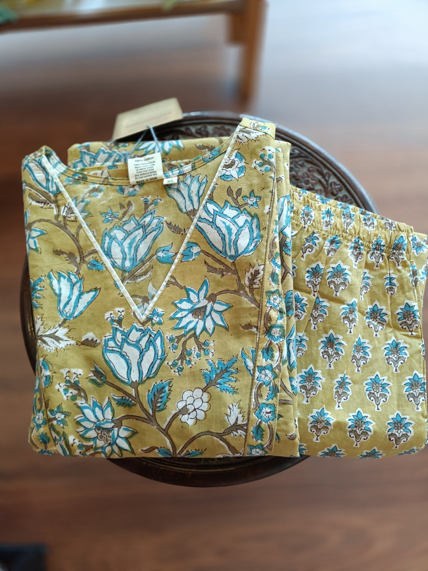 "NAIRA" Yellow Green Floral Sanganer Printed Cotton Kurti  with Pant