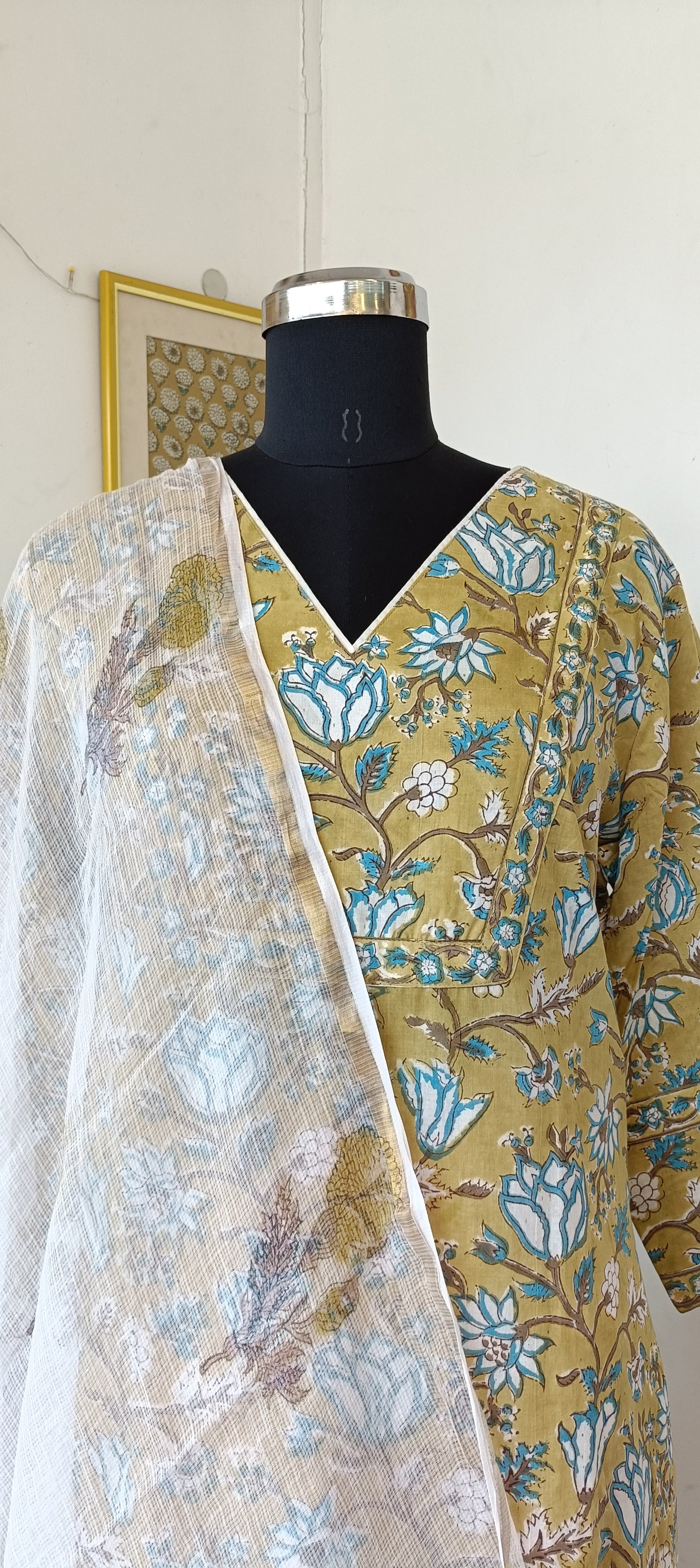"NAIRA" Yellow Green Floral Sanganer Printed Cotton Kurti  with Pant