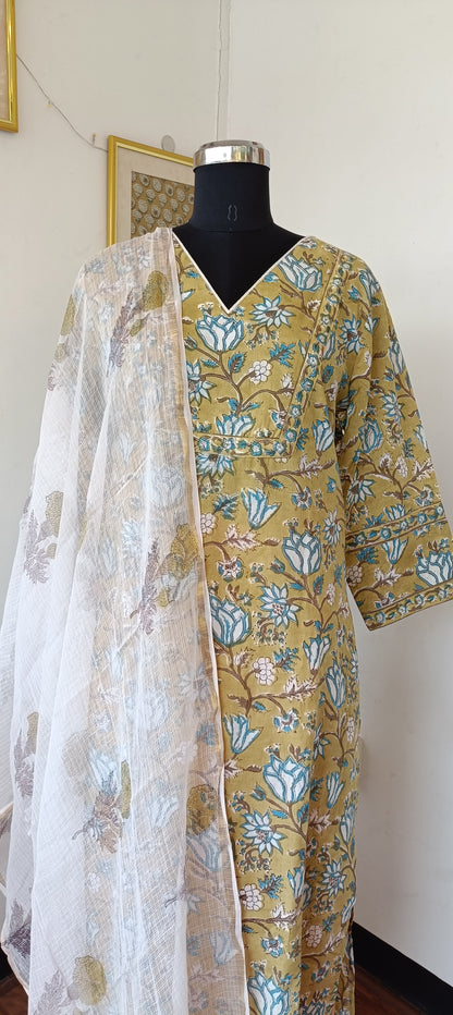 "NAIRA" Yellow Green Floral Sanganer Printed Cotton Kurti  with Pant