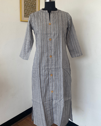Grey Striped Collar Neck Hand Block Printed Kurti