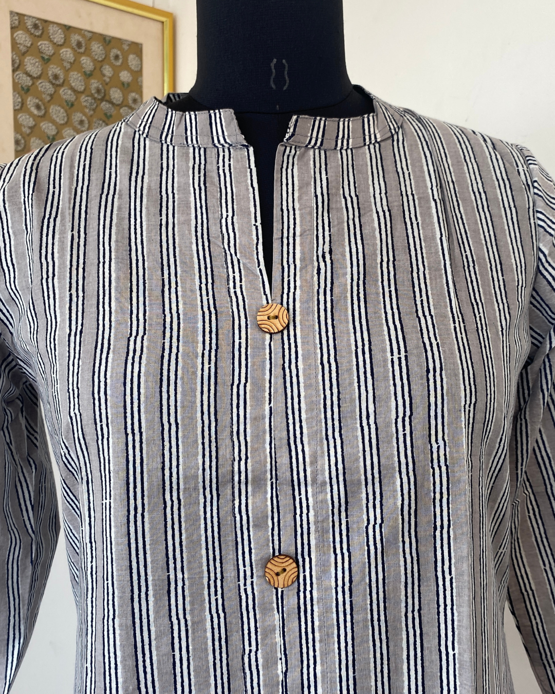 Grey Striped Collar Neck Hand Block Printed Kurti