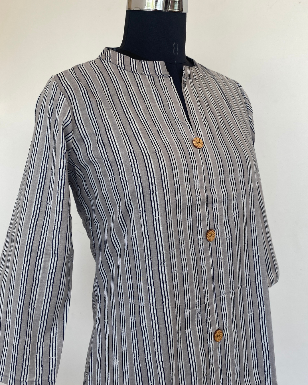Grey Striped Collar Neck Hand Block Printed Kurti