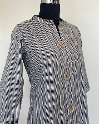 Grey Striped Collar Neck Hand Block Printed Kurti